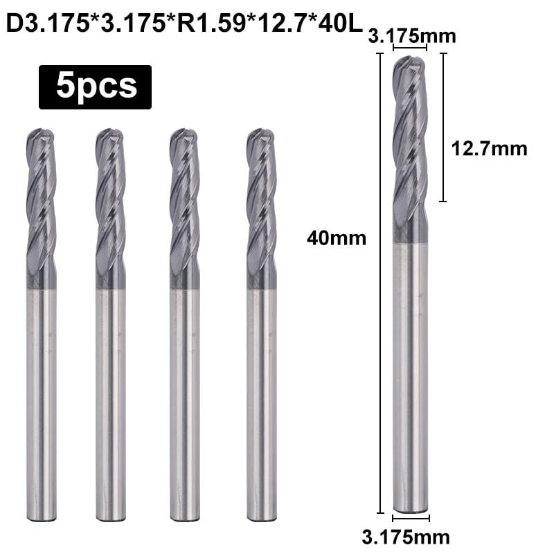 SainSmart Genmitsu 5pcs Ball Nose End Mills CNC Router Bits, 1/8" Shank Tungsten Steel CNC Cutter with 3-Flute, 1-1/2” Overall Length TiAlN Coated for Aluminum, Metal, Plastic, MDF, Wood, 3BNB05