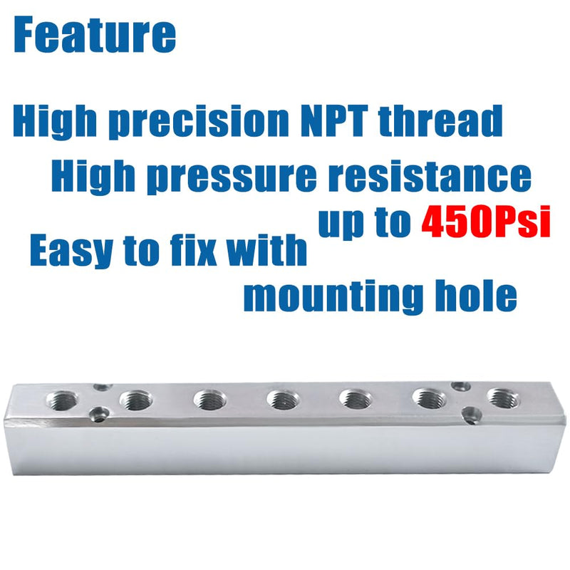 Quality 7 Way 9 Port Air Manifold 1/2" NPT Supply Port 1/4" NPT Outport With Mounting Hole Aluminum Silver 1Pcs