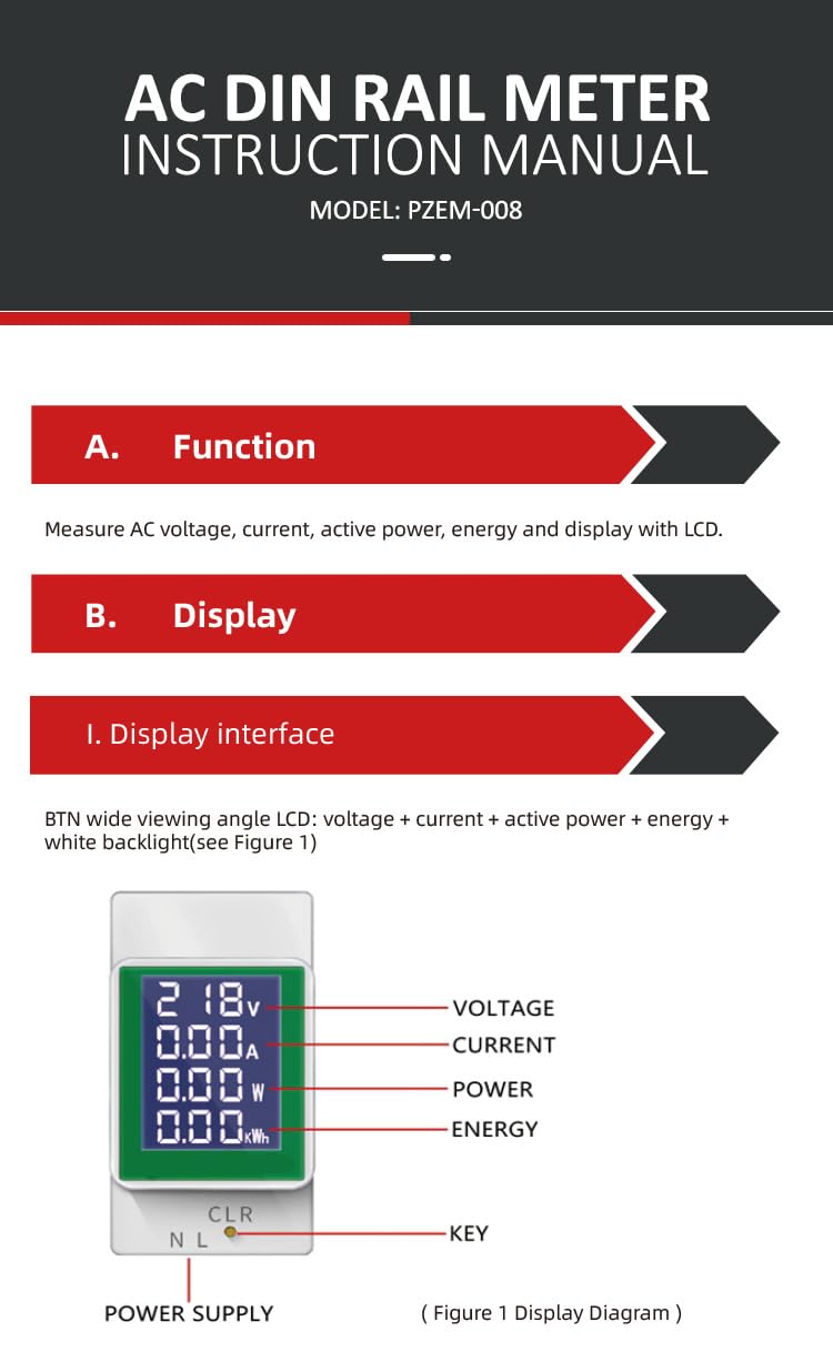 HiLetgo AC Digital Multimeter 50-300V 100A PZEM-008 LCD Display Digital Current Voltage Active Power Energy Multimeter Ammeter Voltmeter AC Din Rail Meter