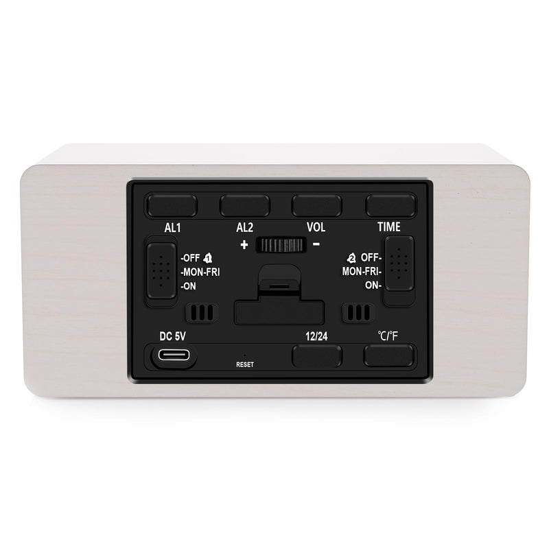 MOSITO Digital Wooden Alarm Clock with Wireless Charging, 0-100% Dimmer, Dual Alarm, Weekday/Weekend Mode, Snooze, Wood LED Clocks for Bedroom, Bedside, Desk, Kids (White) White