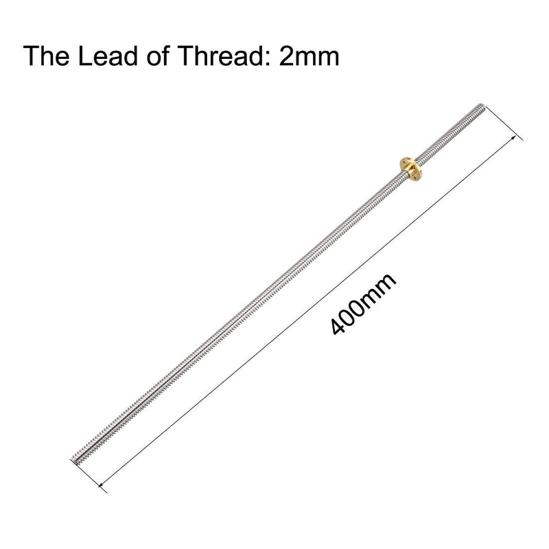 uxcell 400mm Length T8 8mm Dia Lead Screw Rod,2 Lead Stainless Steel Lead Screw Rod with Copper Nut Trapezoidal Thread for 3D Printer Z Axis