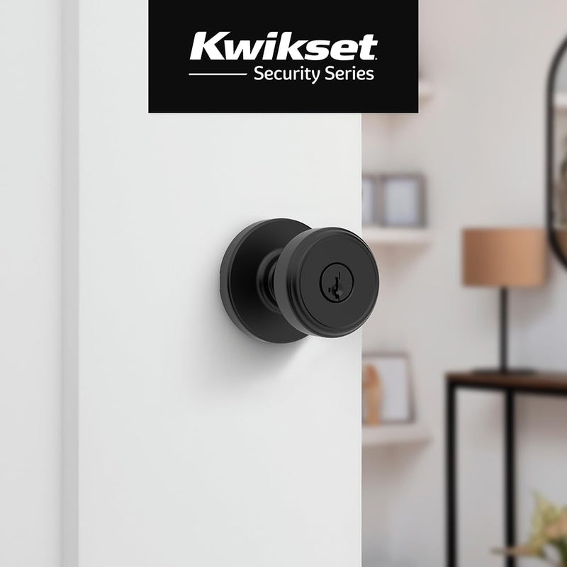 Kwikset Maven Entry Door Knob with Lock and Key, Secure Keyed Handle Exterior, Front Entrance and Bedroom, Matte Black, Pick Resistant SmartKey Rekey Security and Microban 1 Pack Keyed Entry