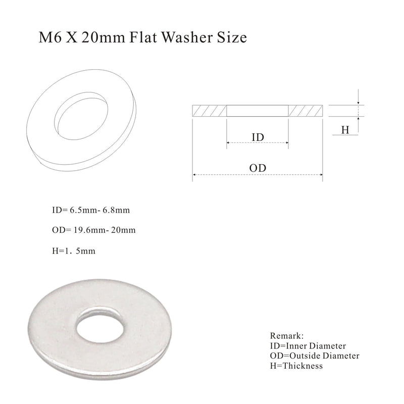 M6 x 20mm Flat Washer, 304 Stainless Steel Washers Flat, M6 Washers Flat OD 20mm | Thickness 1.5mm; 80Pcs M6*20 -80pcs