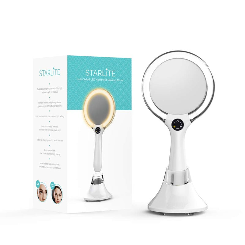 Starlite Handheld Rechargeable Lighted Makeup Mirror with Stand, 1X/5X Magnification, Dual Sided & Vanity Mirror with Bright and Warm Light, Cordless Rechargeable Mirror (White Colour) 10.5"L x 4.1"W