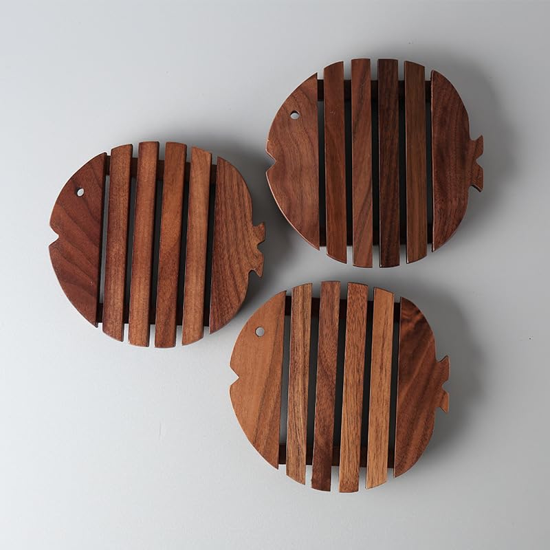 3 Set Wooden Trivets for Hot Dishes Fish Shape Trivets for Pot Holders and Pans for Kitchen Insulation Mats for Countertops Tables（Black Walnut）