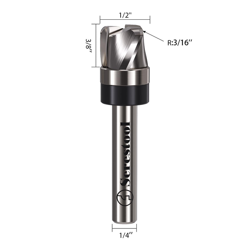 Bowl and Tray Router Bit 1/4" Shank, 1/2" Cutting Diameter, 3/8" Cutting Height, 3/16" Radius, 3-Flute Solid Carbide Template Router Bit for Wood Dish Bowl Carving 1/4"x1/2"x3/8"xR3/16"