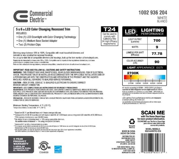 Commercial Electric 5/6 in White Integrated LED Energy Star Color Changing Recessed Trim Downlight
