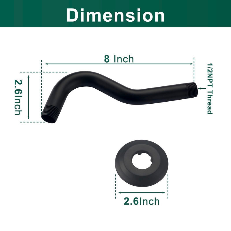 8 Inch Shower Arm with Flange S Shaped Wall Mount Extension Pipe Stainless Steel Shower Head Extension Replacement, Matte Black XWHG Shower Arm