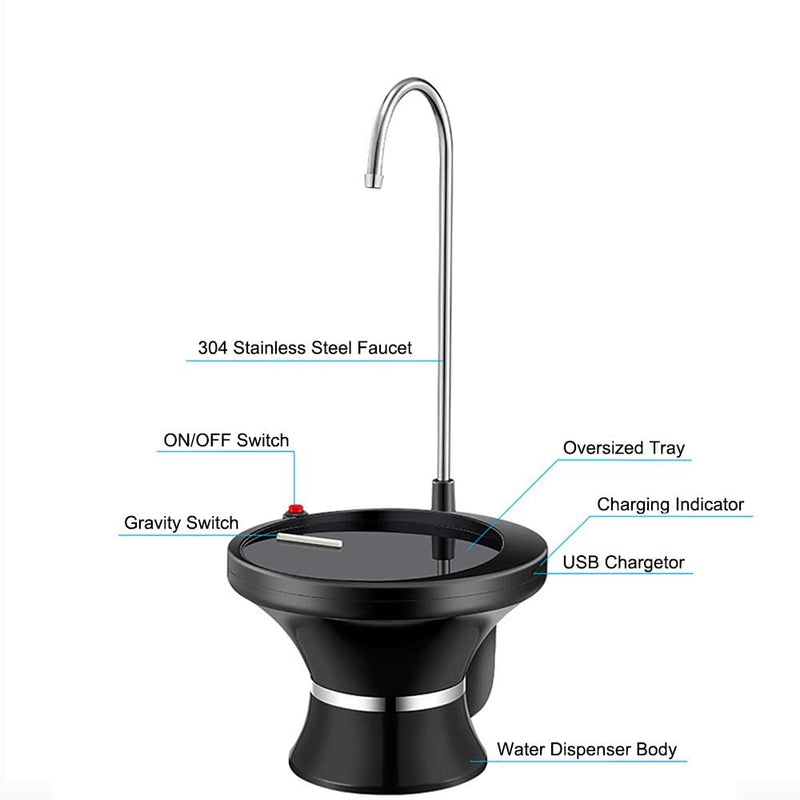 Drinking Water Dispenser Pump, Automatic Electric Drinking Water Bottle Pump for 2-5 Gallon Water Jugs, USB Rechargeable with 2 Switch Control, Stable and Portable for Home, Kitchen, Office, Camping Black