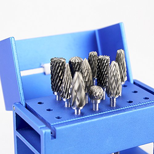 10pcs HP Cutting Burs Drill Polisher Cutter Tungsten Carbide 3/32" inch + Low Speed Burs Files Reamer Autoclavable Holder Block Case with Ruler