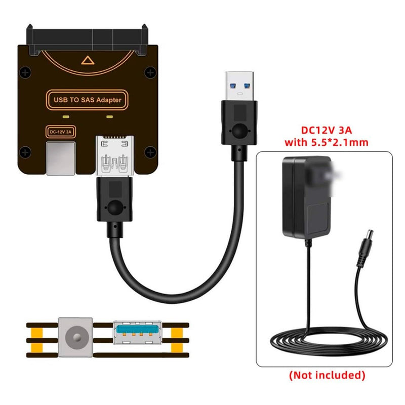 chenyang USB 3.0 to SAS Adapter for 2.5/3.5" SFF-8482 SAS Hard Disks to USB Converter Adapter Without Power Supply (Need Power Supply to Work)