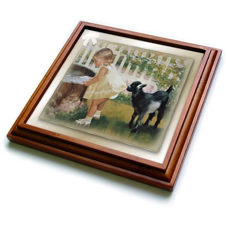 3dRose Billy Goat and Little Girl Art Trivet with Ceramic Tile, 8 by 8", Brown