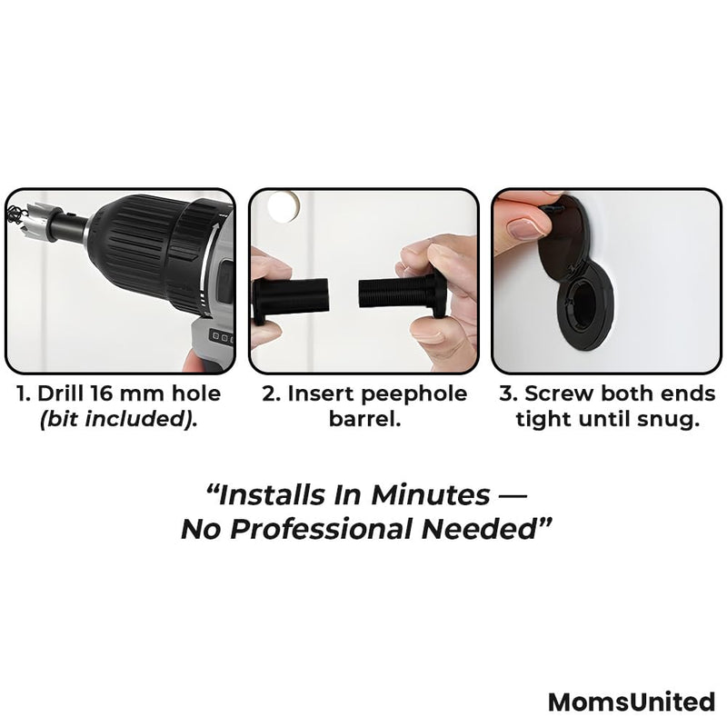 MomsUnited Door Peephole for Front Door – Matte Black Viewer with Privacy Cover for Added Security, Easy Install Peep Hole, 200° Wide Viewing Angle, Includes Drill Bit & Allen Wrench, Pack of 3