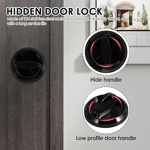 Stainless Steel 304 Black Round Recessed Door Lock, Hidden Recessed Install Cup Door Knob Lock, Recessed Door Handles Pulls Latch Knob, Pocket Door Handle Without Keys