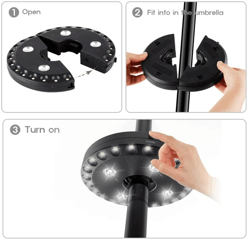LATME Patio Umbrella Light 3 Brightness Modes Cordless-4 x AA Battery Operated,Umbrella Pole Light Camping Tents or Indoor Use 28led-Black
