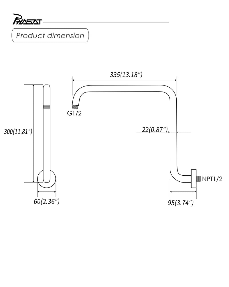 PHASAT 16 Inches Black Shower Head Arm,S Shaped Shower Arm with Flange,High Rise Shower Head Extension Arm,Shower Arm Extension Matte Black,PU9H02 Round