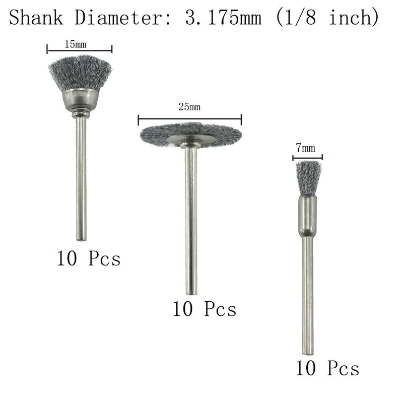𝐉𝐔𝐍𝐋𝐈𝐗𝐍 30 Pcs Wire Brush Wheel, 1/8 Inch Shank Coarse Crimped Steel Wire Brushes Kits for Dremel Rotary Tool (Silver) 30 Pcs steel wire brush