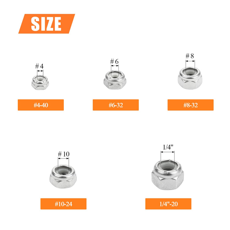 #4-40#6-32#8-32#10-24 1/4"-20 Lock Nuts, HELIFOUNER 126 Pieces 5 Sizes Nylon Insert Hex Lock Nuts Assortment Kit, 304 Stainless Steel (18-8) Locknuts, Coarse Thread #4-40 to 1/4"-20 Lock Nuts Kit