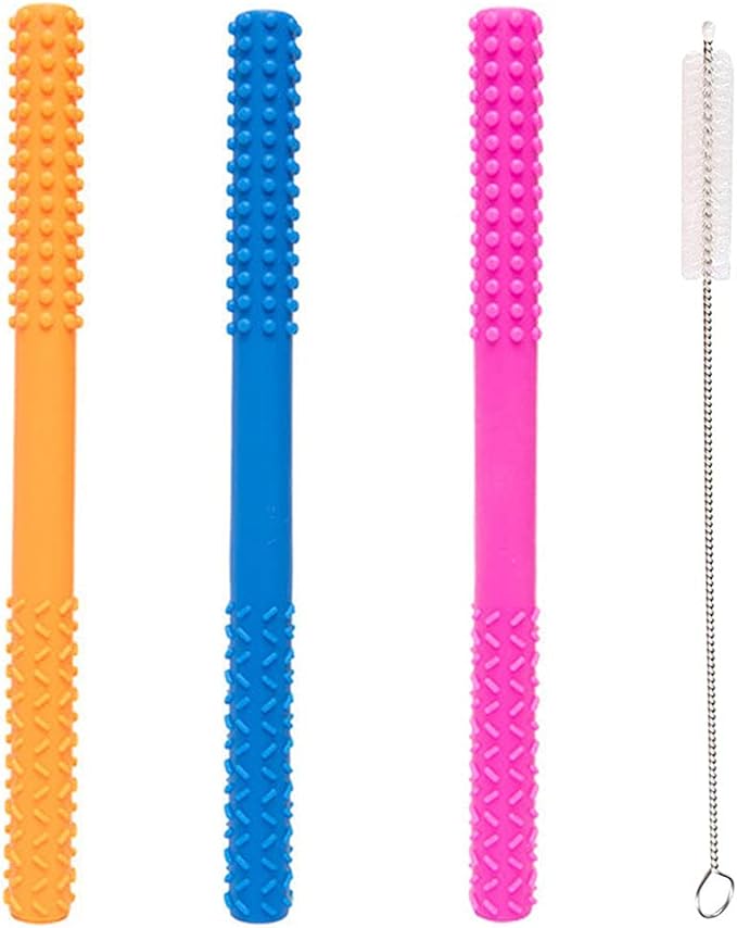 Baby Teething Straw Shape Relieves Tooth Pain Food Grade Silicone Safe Non-Toxic BPA Free 3-12 Months Newborn Toy - Production Celebration (3 Straws + 1 Cleaner Brush) - NewNest Australia