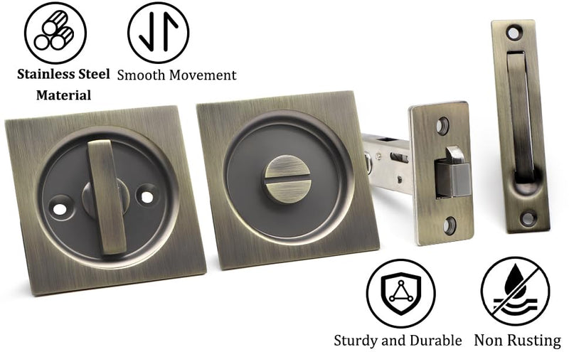 Dontay Pocket Door Privacy Lock and Pull, Stainless Steel 304 Contemporary Pocket Door Knob, Flush Door Handles, Privacy (Bed/Bath) Latch, 2-3/8" Backset, Sliding Barn Hardware (1, Antique Brass) 1