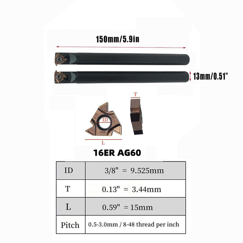 Lather Threading Tool Bit Set External Internal Threading Boring Bars Turning Tool Holders with 11IR AG60 16ER 16IR AG60 Carbide Threading Inserts (2pcs Boring Bars + 16ER IR AG60) 2pcs boring bars + 16ER IR AG60