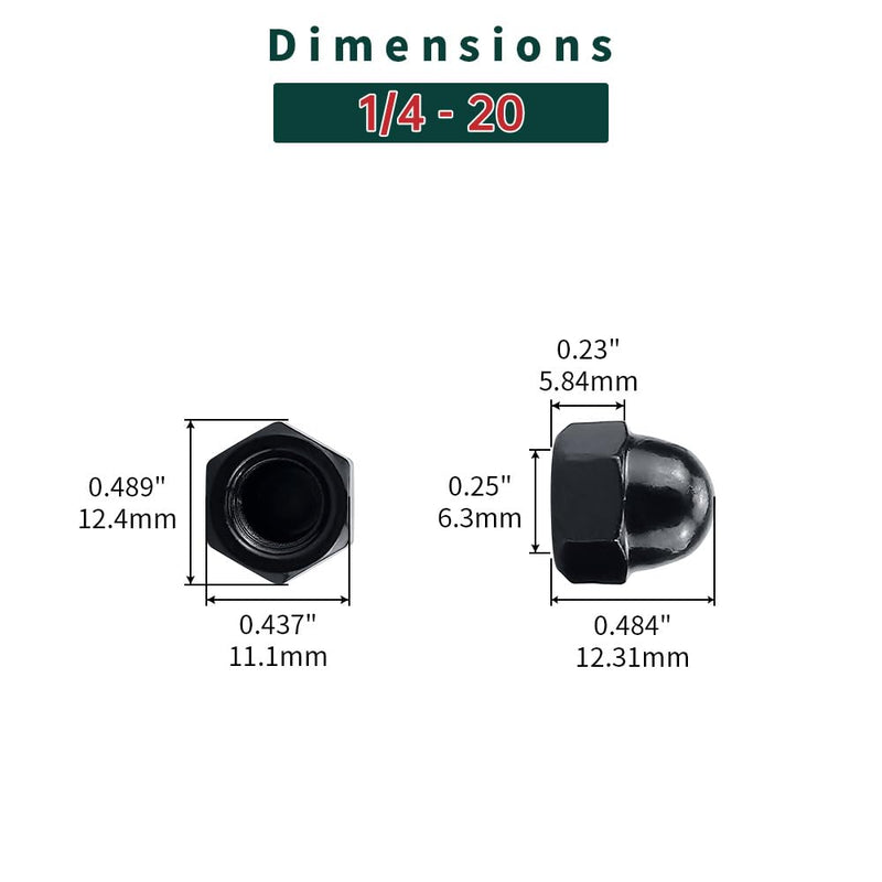 1/4-20 Black Acorn Hex Cap Nuts (50 pcs), 304 Stainless Steel 18/8, Black Oxide Coated, Acorn Dome Head Cap Nuts, Fayeploo 1/4-20