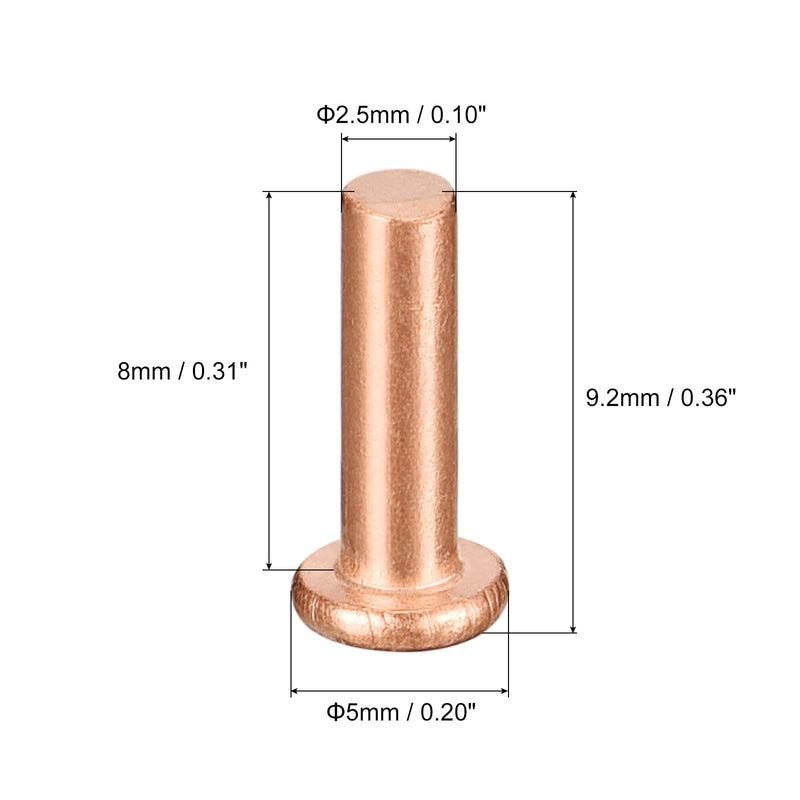 uxcell 200Pcs Copper Solid Rivets, 3/32" x 5/16" Flat Head Rivet Metal Fasteners for Electrical Applications, Leather Working Supplies 3/32" x 5/16" 200