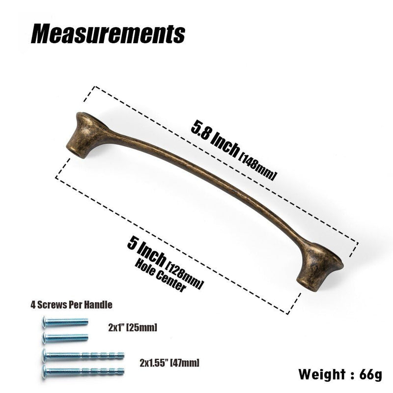 Goo-Ki 5''(128mm) Hole Centers Antique Brass Cabinet Pulls,Casual Luxury Solid Zinc Cabinet Handles for Drawer,Cupboard, Wardrobe,6 Pack 5'' Hole Centers