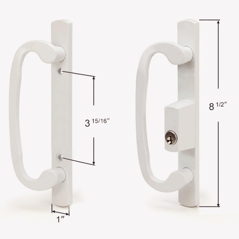 Keyed Sliding Patio Glass Door Handle Set Fits for Truth Legacy & Sash Controls P/N #2265, 45° Keyway w/o Mortise Lock, 3-15/16" Hole Centers, Non-Handed, White Diecast, A/B Position