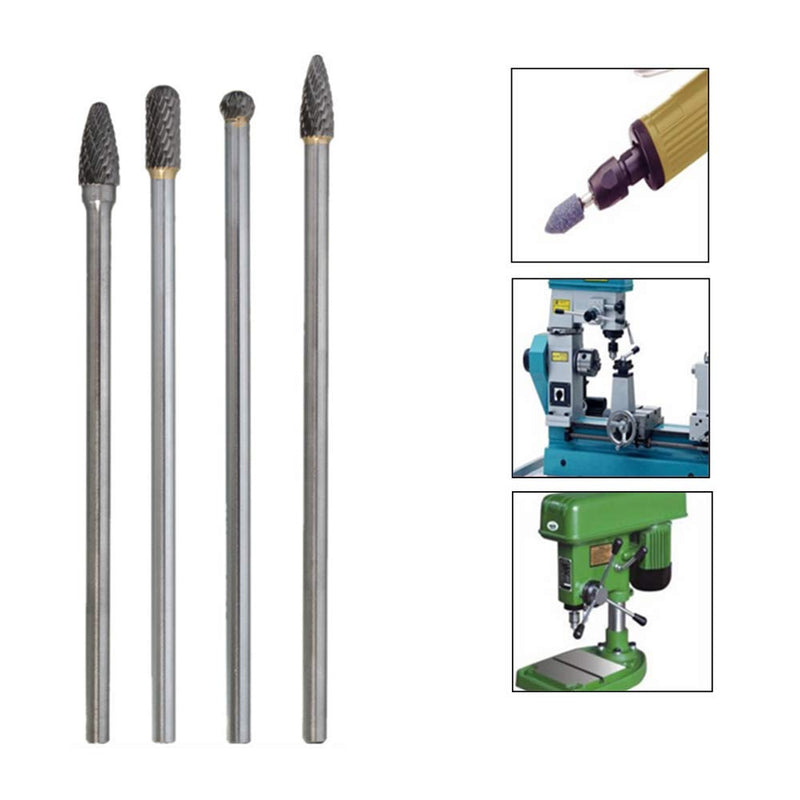 4 Pcs Carbide Rotary Burr Set, 1/4-Inch Long Shank Tungsten Steel Head Burr Bit Set Fits Rotary Tool for Wood/Metal Drilling Carving Engraving