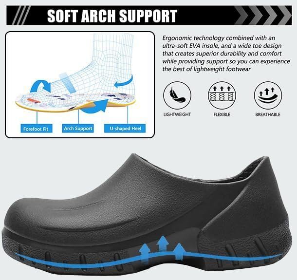 Unisex Non Slip Work Clogs - Slip, Water & Oil Resistant Shoes for Kitchen Chef Nursing Gardening Professionals - Comfortable Waterproof Work Shoes(Men 7.5-11.5/Women 8.5-12.5) 11.5 Wide Women/10.5 Wide Men Black