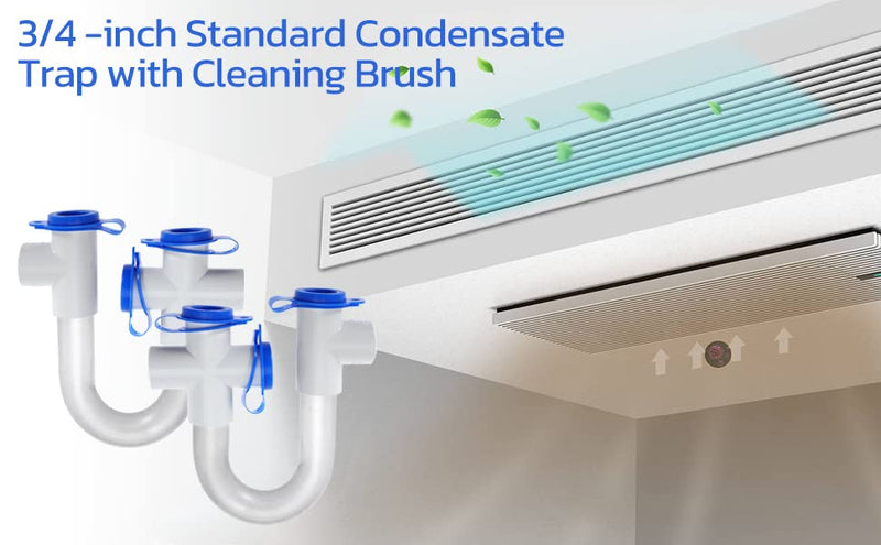4Pack 3/4" Standard Condensate Trap with 19" Cleaning Brush PVC Transparent U Trap for HVAC Systems, Air Conditioner, Effectively Drains Condensate