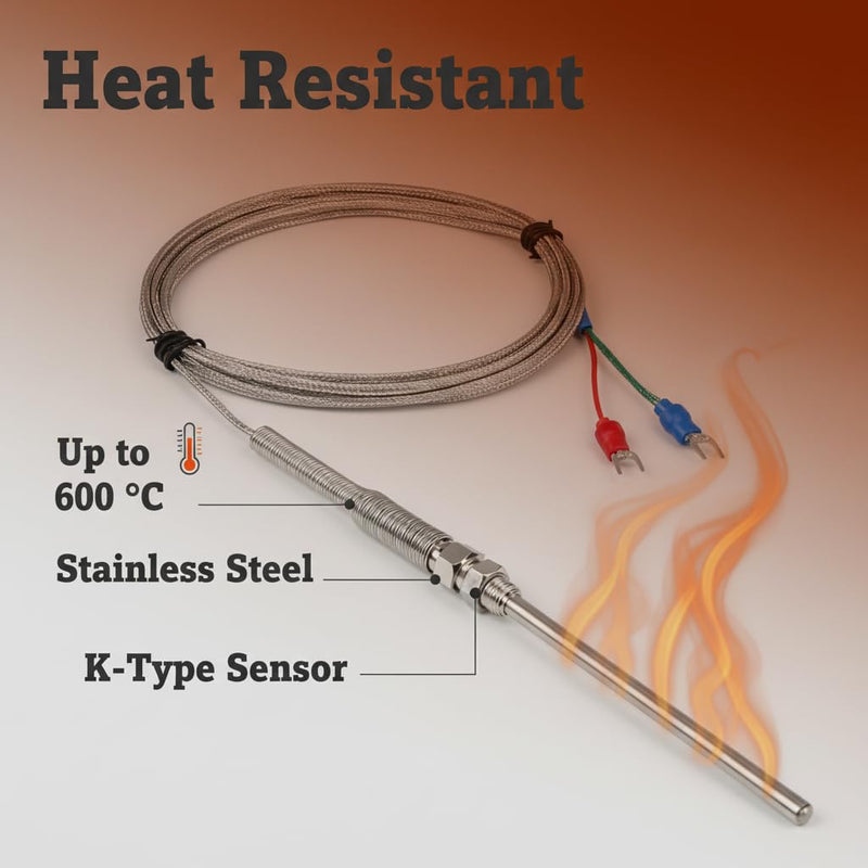 K-Type Thermocouple Sensor, 0-600℃ A-Grade Probe, 100mm×5mm Stainless Steel with 2M/6.6Ft High-Temp Shielded Wire