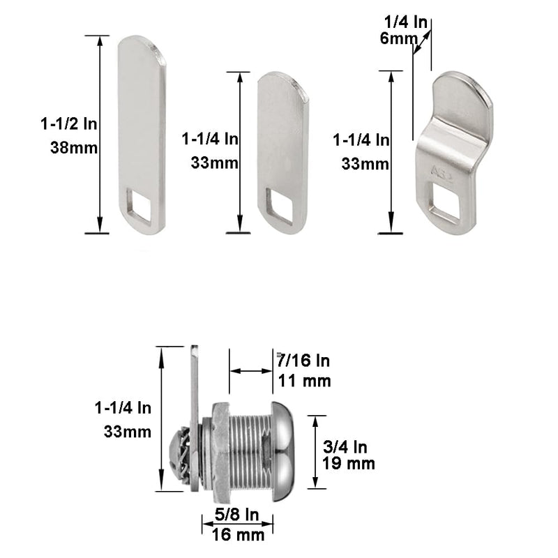 Cabinet Cam Locks Keyed Alike, 5/8” Cylinder Cam Locks for Tool Box RV Compartment Mailbox Vending Machine Drawer File Cabinet, Fits 3/8” Max Panel Thickness, Chrome Finish with 3 Cams and 2 Keys 5/8 Inch