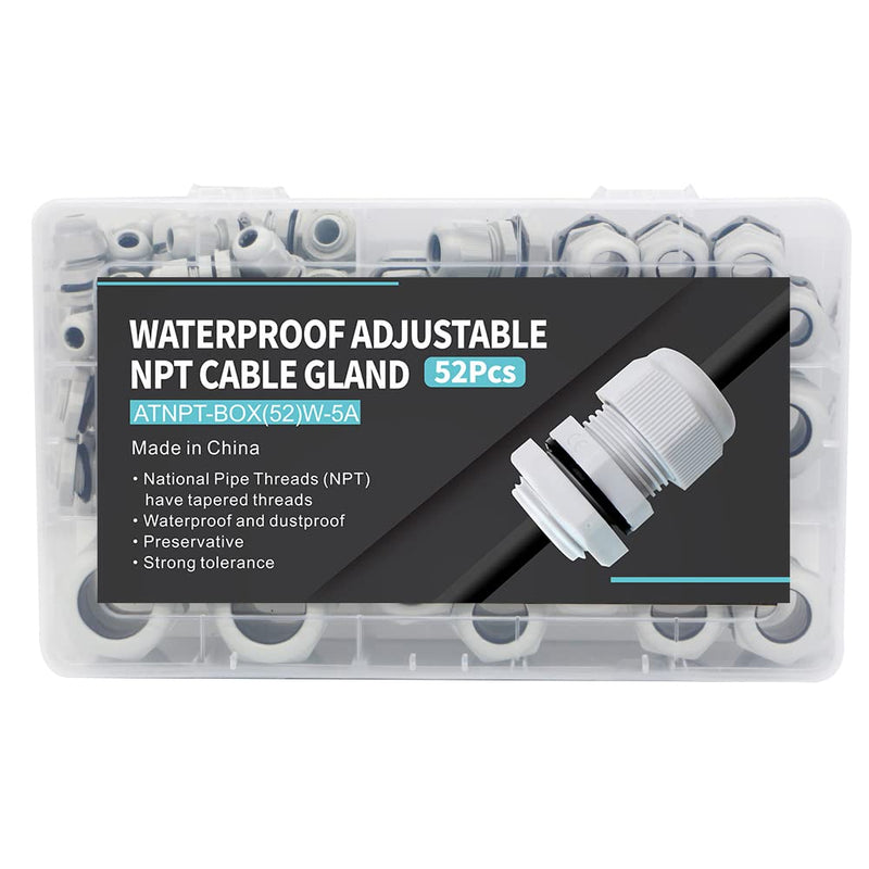 33PCS Cable Gland Waterproof Kit White IP68, Plastic Cable Connectors Black Nylon Adjustable 3-18mm with Locknut and Washer,Electrical Conduit Fitting 1/4” 3/8”1/2”3/4” Strain Relief Cord Grip 33pcs kit box