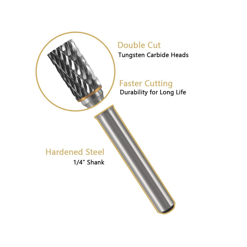 Carbide Burr Set 1/4" Shank 10PC Tungsten Double Cut Carbide Rotary Burr Set for Metal and Wood Carving, Grinding, Polishing, Engraving, Drilling in Sturdy Round Case. 10PC - 1/4 shank