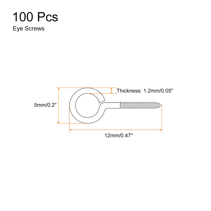 uxcell 100Pcs Eye Screws, 304 Stainless Steel 12x5mm Small Self Tapping Screw Hooks Ring Mini Eye Pins for DIY Handwork Wooden Clay Pendants Cork Bottles, Silver 100
