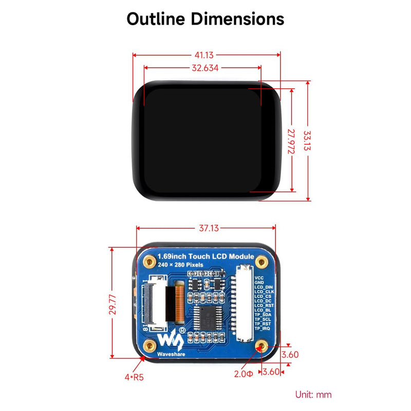 Waveshare 1.69inch Round LCD, Compatible with Raspberry Pi 5, Display Module with Touch Panel, Micro LCD Display, 240×280 Resolution, IPS, SPI and I2C Communication, 262K Display Color