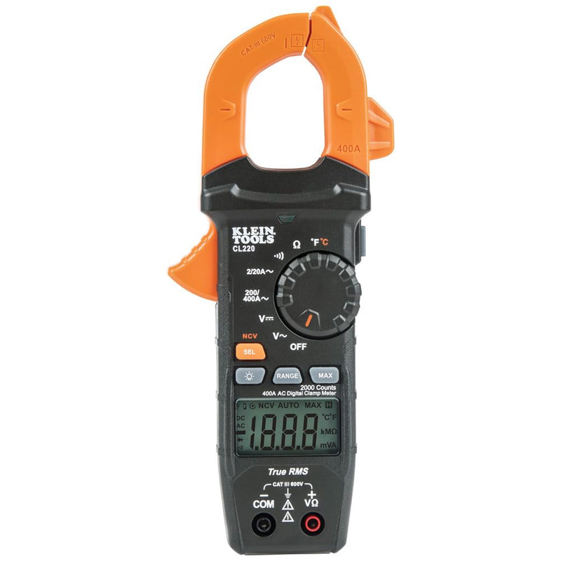 Klein Tools CL220 Digital Clamp Meter, Auto-Ranging 400 Amp AC, AC/DC Voltage, TRMS, Resistance, Continuity, NCVT Detection, and Temp