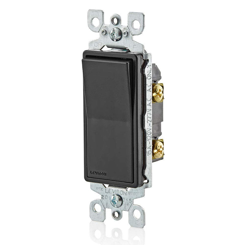 Leviton 5601-2E 15 Amp, 120/277 Volt, Decora Rocker Single-Pole AC Quiet Switch, Residential Grade, Grounding, Black 1 Pack