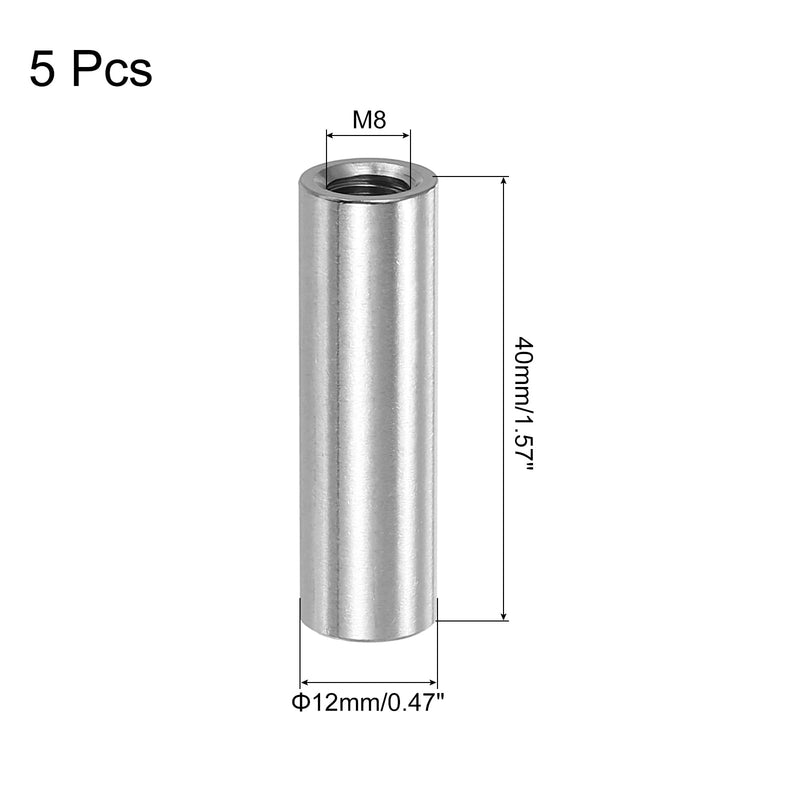 uxcell M8x1.25mm Round Coupling Nuts, 5 Pcs 304 Stainless Steel Connector Nuts Fasteners Rod Bar Stud 40mm for Industrial Construction Fasteners, Silver M8x1.25mm x 40mm