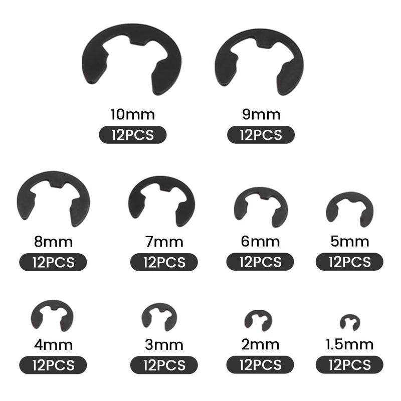 Professional E Clip External Retaining Rings Snap Rings Assortment Kit Manganese Steel Internal, Heat Treated External Retaining Clips black 120pcs