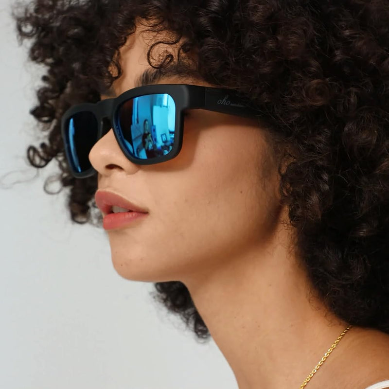 OhO Smart Glasses,Polarized Sunglasses with Bluetooth Speaker,Athletic/Outdoor UV Protection and Voice Control,Unisex(Mirror Blue Lens) Black Frame-blue Lens