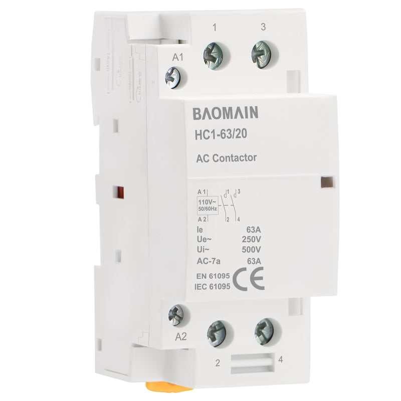 Baomain 110V AC 2-Pole Modular Contactor, 63A 2NO Normally Open, DIN Rail Mount for HVAC, Motor, Pump & Lighting Control BCT-63/20, HC1-63/20-110VAC 63 Amp. 110 VAC(HC1)