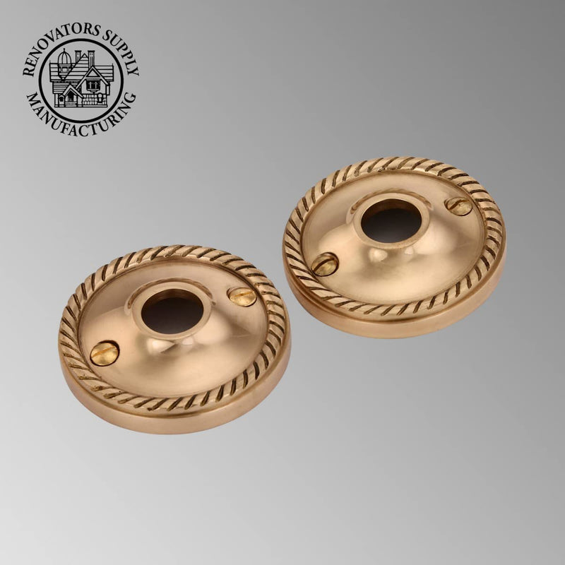 Renovators Supply Manufacturing Brass Victorian Door Knob Rosettes Pair 2.5" W Backplate Roped Design Cabinet Knob Back Plate Hardware RSF Finish Roses Protective Furniture Hole Covers with Screws Roped Brass-Pack of 1