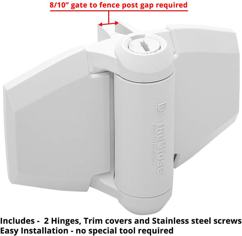 D&D Technologies TCA3L2S3WTS TruClose Regular Duty Self Closing Gate Hinge, for Wood and Vinyl Gates up to 66 Pounds, with Alignment Legs, for Square Gate Frame and Post, White, 2 Count (Pack of 2) For Wood, Vinyl Gates & Fences (Pack of 2)