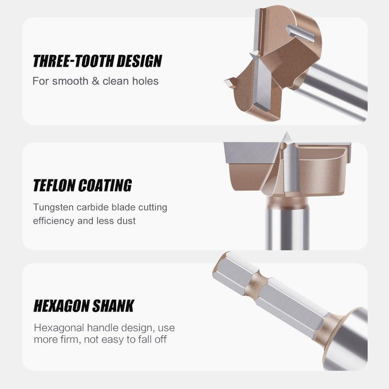 5 PCS Forstner Drill Bit Set, Professional Hexagonal Shank Woodworking Hinge Boring Bit Tungsten Carbide Blade Three-Tooth Double Blade Design Multiple Sizes(10mm, 12mm, 15mm, 20mm, 35mm) Brown