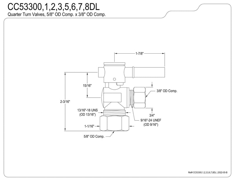 Kingston CC53300DL Quarter-Turn Angle Shut-Off Valve, Matte Black 5/8-Inch OD Comp x 3/8-Inch OD Comp