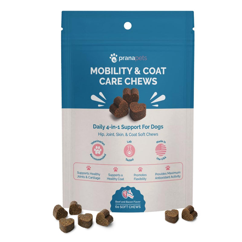 PranaPets Mobility & Coat Care Chews for Dogs & Puppies | Joint Supplement | Skin & Coat Health | Beef & Bacon Flavor