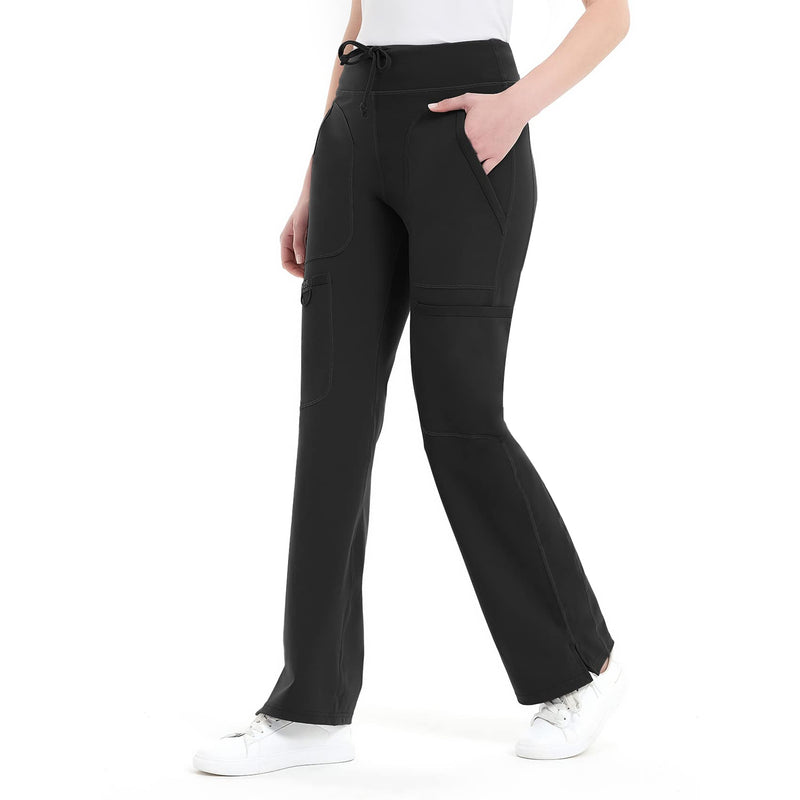 QBK Yoga Scrub Pants Women Mid Rise Yoga Work Pants- Five Pocket Cargo Scrub Pant Regular Medium Black